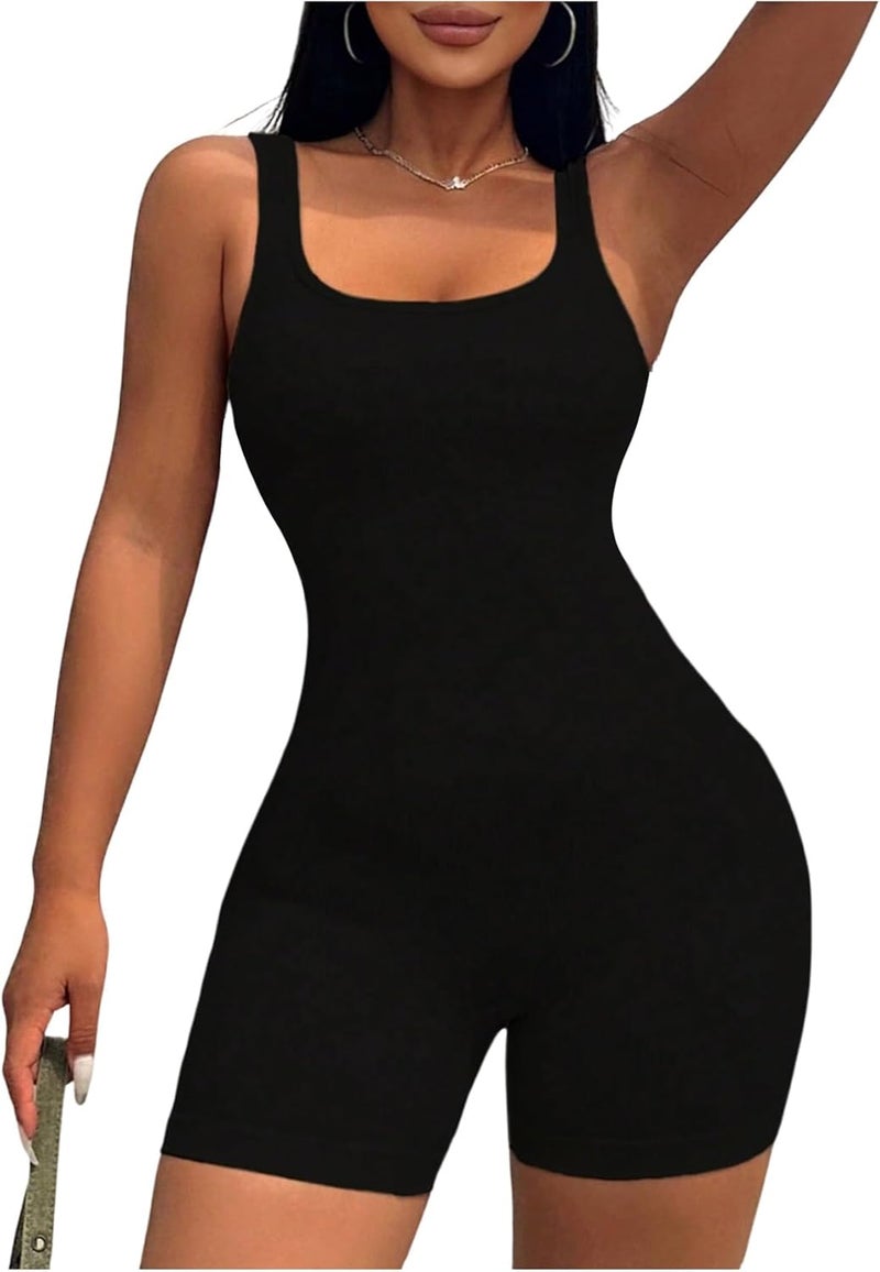 WDIRARA Women's Workout Romper Gym Yoga Unitard Square Neck One Piece Shorts Jumpsuit - Image 1
